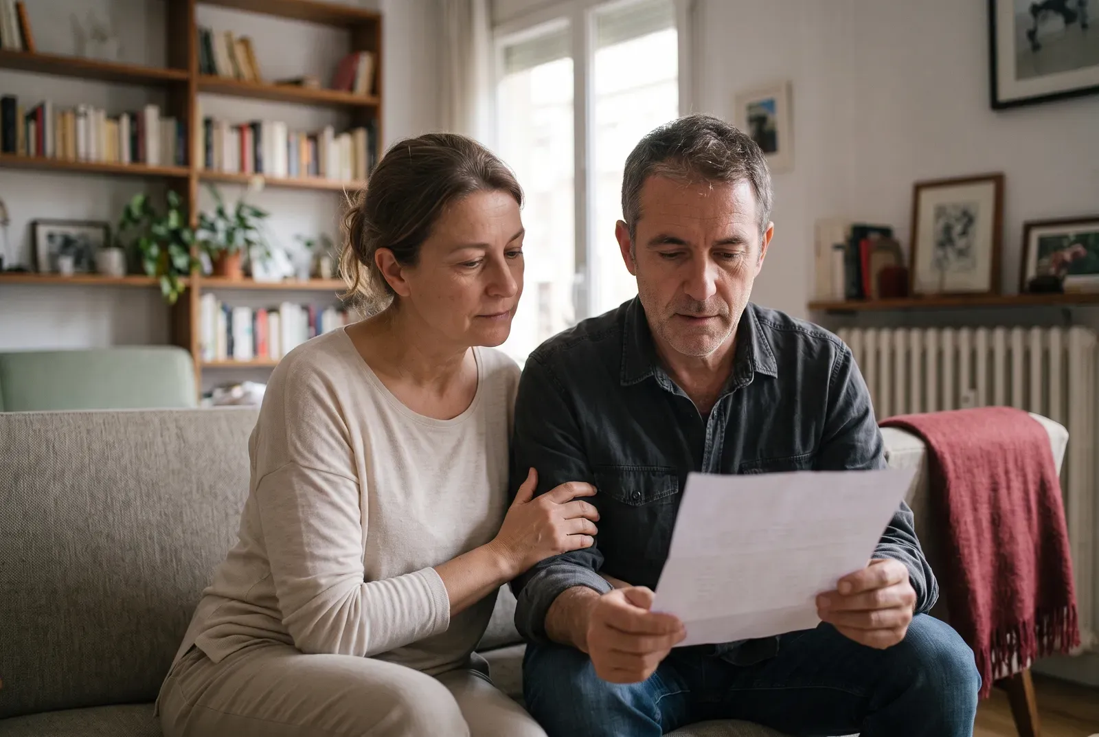 Una pareja lee una carta en el sofá de su salón; ella le apoya la mano en el brazo.