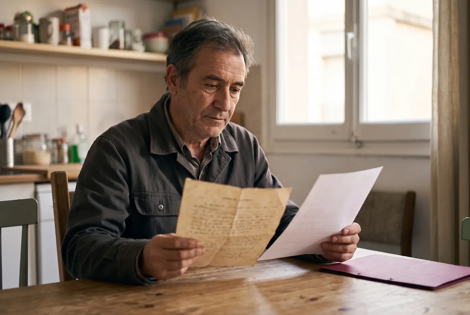 Un hombre compara su antiguo contrato de trabajo, ya amarillento, con un documento reciente.