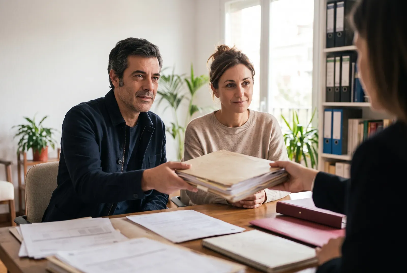 Una pareja entrega en un despacho de abogados la carpeta con la documentación de su hipoteca.