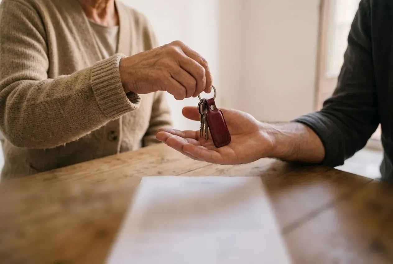 Una persona mayor deja las llaves de la vivienda en la mano de quien la compra, con el contrato sobre la mesa.
