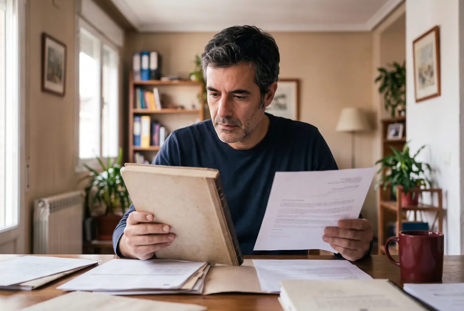 Un hombre compara su antigua escritura de hipoteca con una carta reciente del banco.