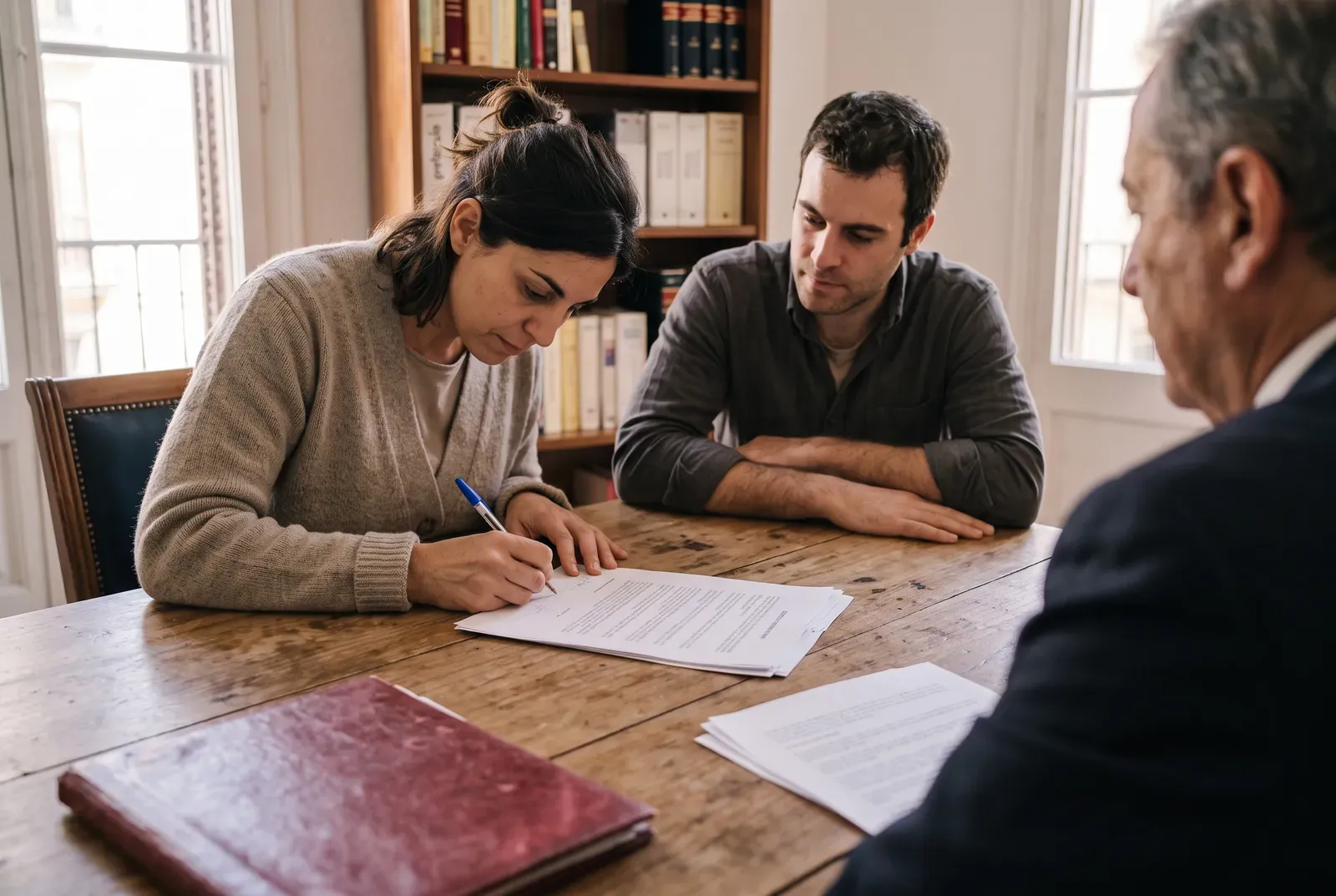Una pareja firma la escritura de compraventa en la notaría.