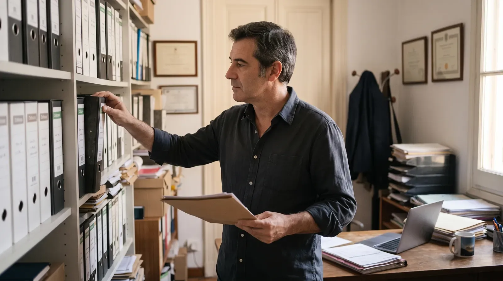 Un hombre busca una carpeta en las estanterías de archivo de su despacho.