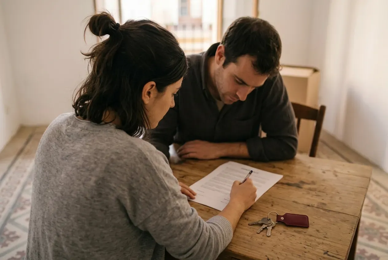Una pareja lee con atención el contrato, línea a línea.