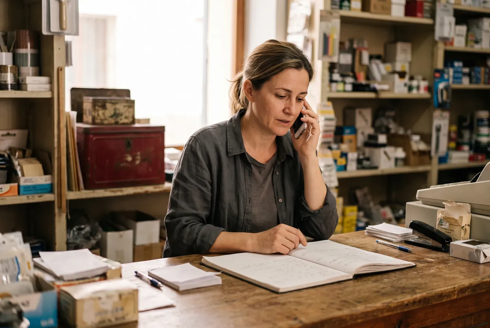 La dueña de una pequeña tienda habla por teléfono desde el mostrador, con un cuaderno abierto delante.
