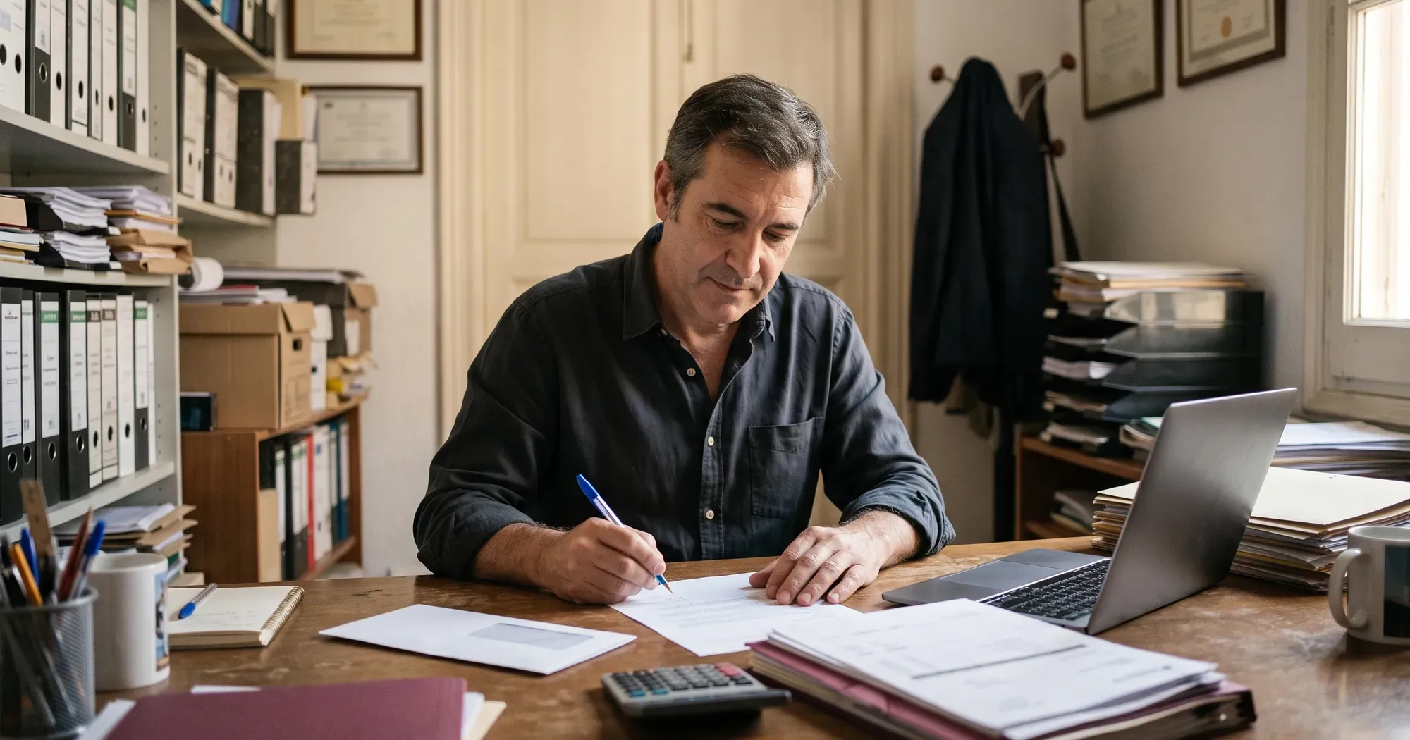 Un hombre repasa en su despacho la carta de reclamación que acaba de redactar, antes de firmarla.